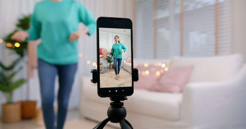 Asia vlogger woman influencer smile enjoy hobby happy fun live online screen