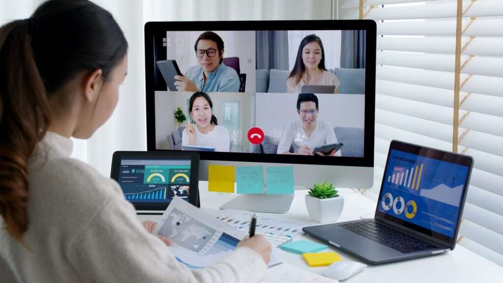 Happy smile asia young woman learn mba college class on wifi webcam video call