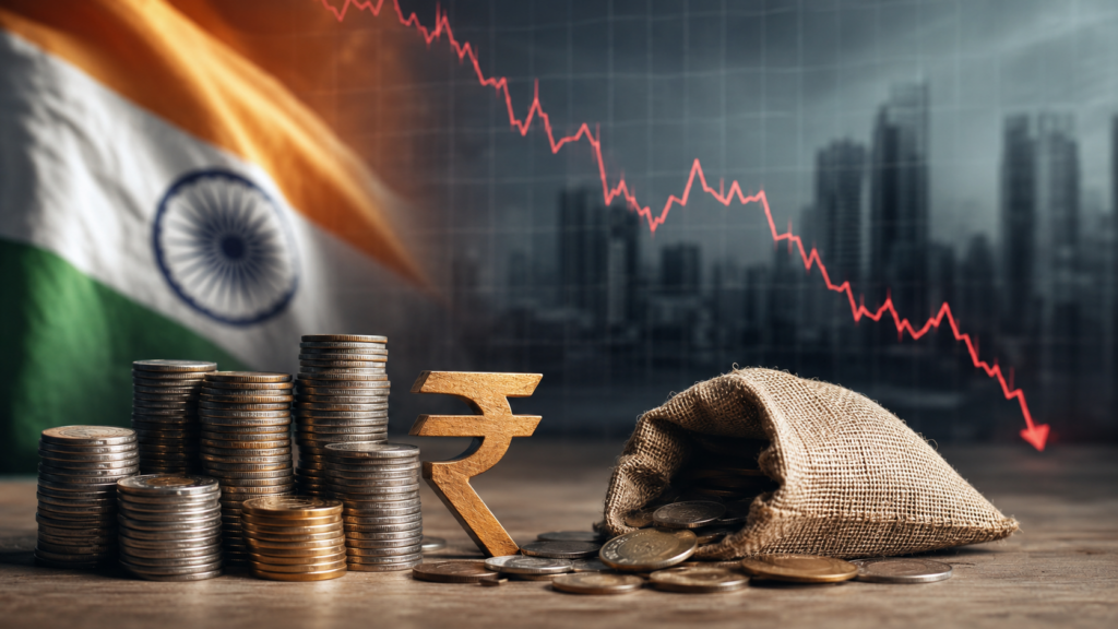 Conceptual illustration of India's economy showing the rupee symbol, falling market graph, and rising financial pressure on households