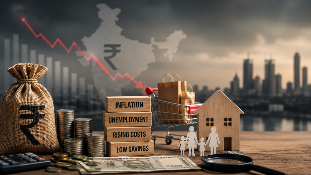 Conceptual illustration of India's economy featuring a shopping cart, house, rupee symbol, coins, and a falling market graph representing inflation, unemployment, and rising living costs.