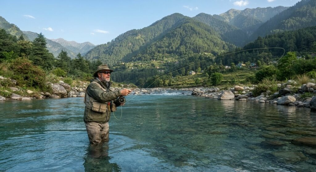 Fly fishing for trout in Tirthan Valley