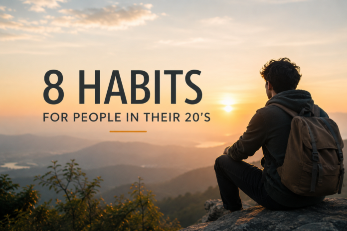 Young adult sitting on a mountain cliff at sunrise with the text 