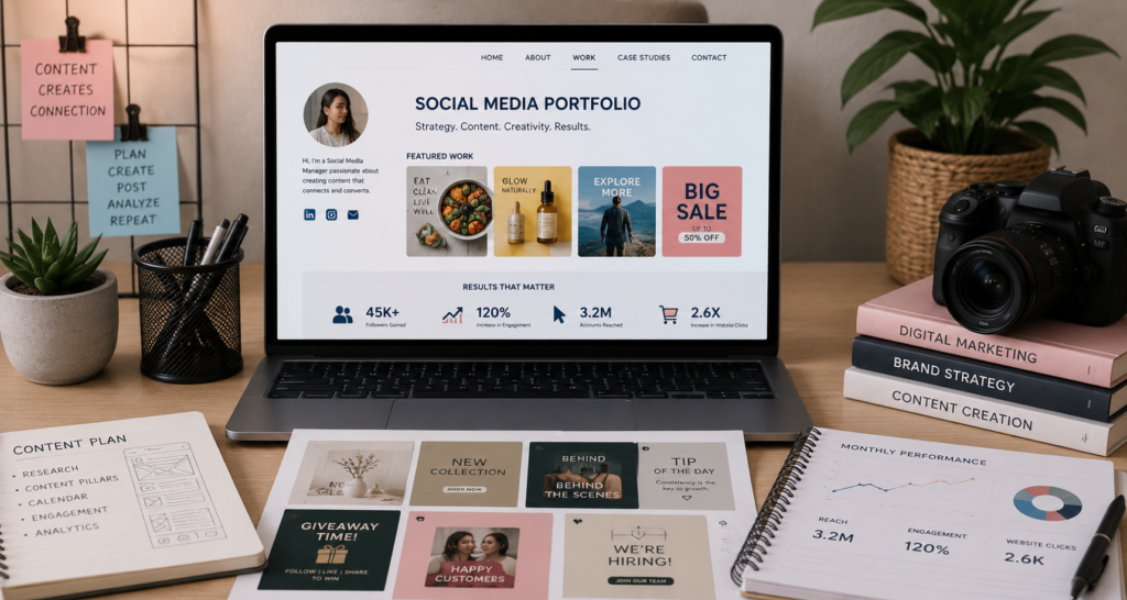 A modern workspace featuring a laptop displaying a digital social media portfolio with campaign examples, content mockups, and performance metrics. Printed content plans, analytics reports, and marketing materials are arranged neatly on the desk alongside a camera, notebooks, and plants, representing portfolio building for social media and digital marketing professionals.