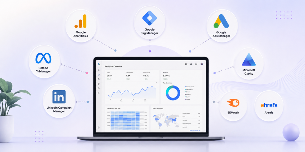 Laptop displaying an analytics dashboard surrounded by icons for Google Analytics 4, Google Tag Manager, Google Ads, Meta Ads Manager, LinkedIn Campaign Manager, Microsoft Clarity, SEMrush, and Ahrefs, illustrating essential performance marketing tools.