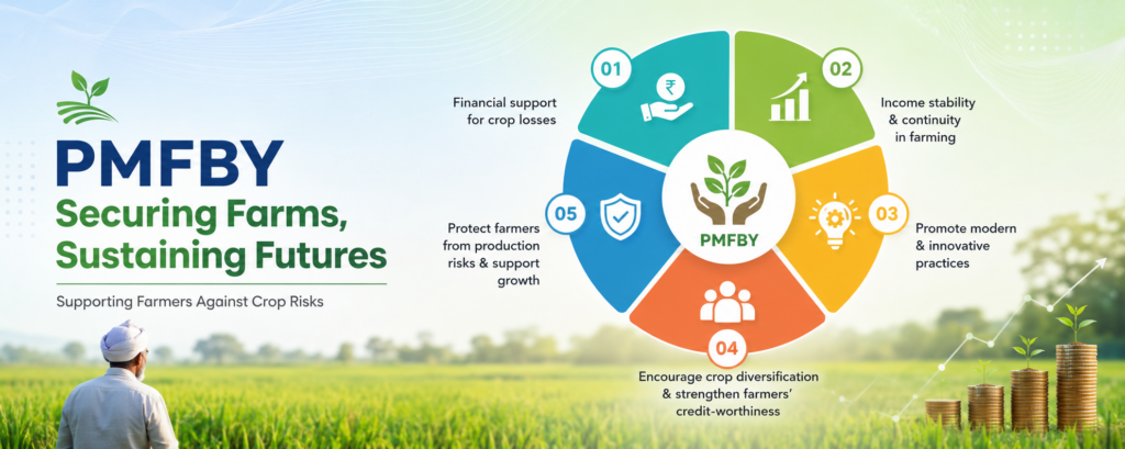 Infographic highlighting PMFBY’s role in supporting farmers against crop risks through financial assistance, income stability, modern agricultural practices, crop diversification & protection from production
