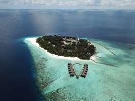 An aerial shot of an island in Maldives