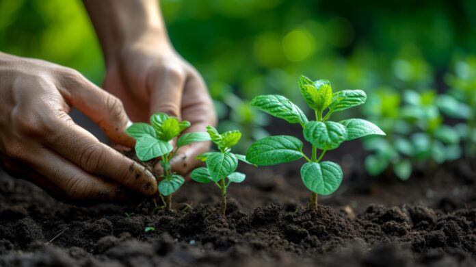 a hand touching the leaf of the plan showing its care towards the nature and agroforestry