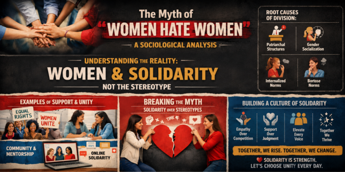 A landscape infographic with a dark textured background and bold red, white, and gold typography. At the top, a photo shows several women placing their hands together in a gesture of unity beneath the headline, “The Myth of ‘Women Hate Women’: A Sociological Analysis.” The center section features the message “Women & Solidarity, Not the Stereotype.” A right-hand panel outlines social factors that may contribute to division, including patriarchal structures, gender socialization, and internalized norms. The lower sections show examples of support and unity: women holding signs promoting equal rights and solidarity, women mentoring each other, online communities, and two women repairing a broken heart symbol. Additional icons and text emphasize empathy, support, inclusion, and collective growth, reinforcing the theme that solidarity is stronger than stereotypes.