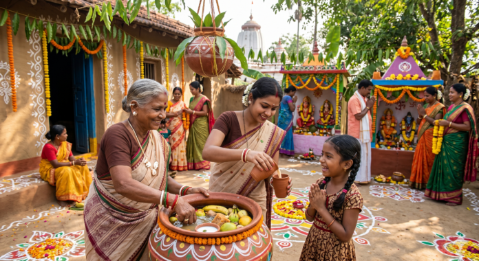 A family celebrating Maha Bishuba Sankranti in an Odia village, featuring a woman pouring traditional sweet Pana drink from an earthen pot into a clay cup for a young girl, surrounded by Jhoti rangoli decorations and a temple background.