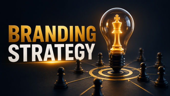 Branding Strategy concept with a glowing chess king representing strategic brand positioning and business growth.